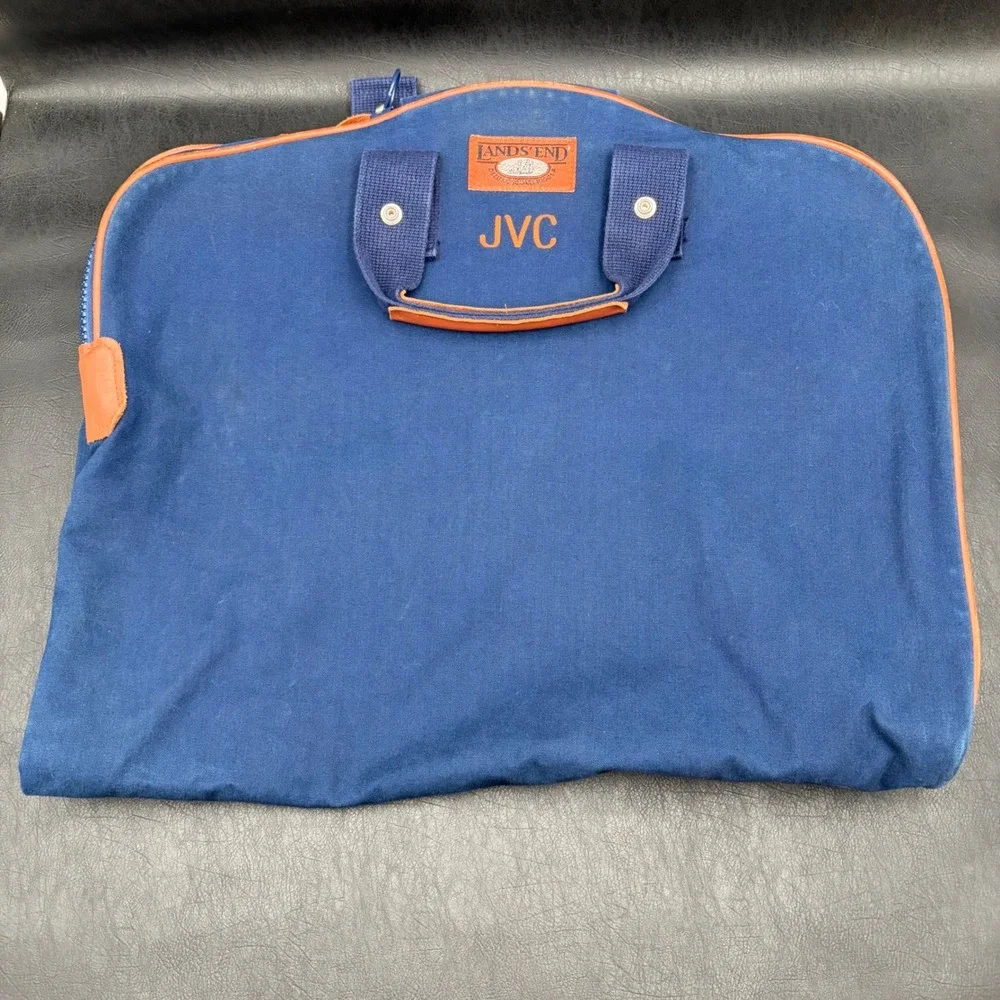 Lands End Deluxe Square Rigger Garment Bag Navy Canvas Leather Trim Monogram JVC